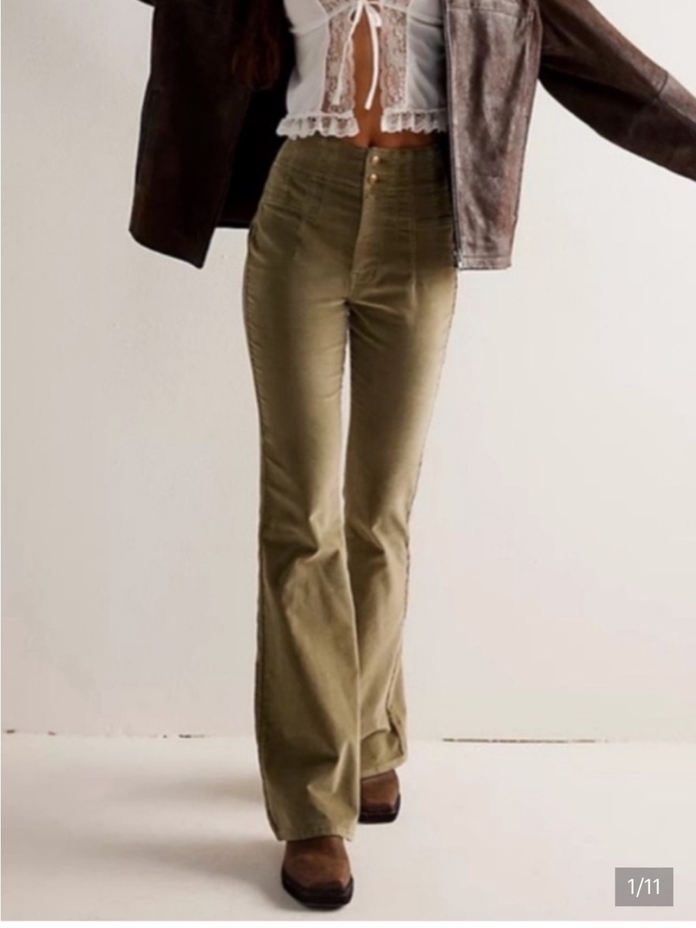 Free People We The Free Jayde Corduroy High Rise  Flare Pants Olive Green Sz 32